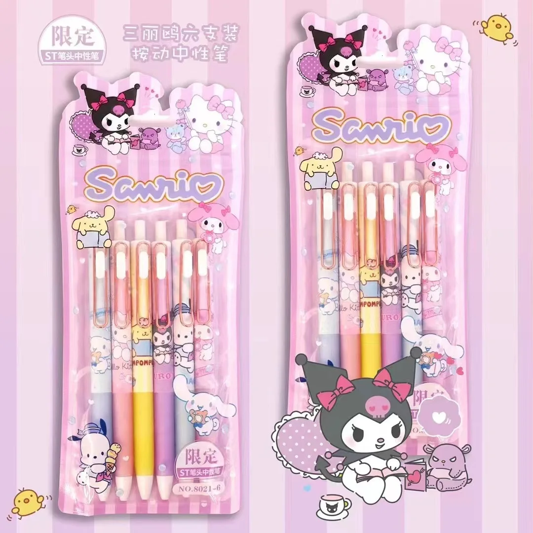 

6 шт. Sanrio Mymelody Kuromi Cinnamoroll Push-action нейтральная ручка Набор 0,5 мм черная Высокоэффективная ручка для письма
