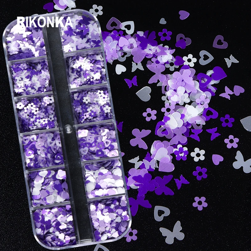 

Блестящие бабочки, цветы, сердце, блестки для ногтей для маникюра, дизайн, смешанные фиолетовые и белые блестящие хлопья, весна-лето, товары ...