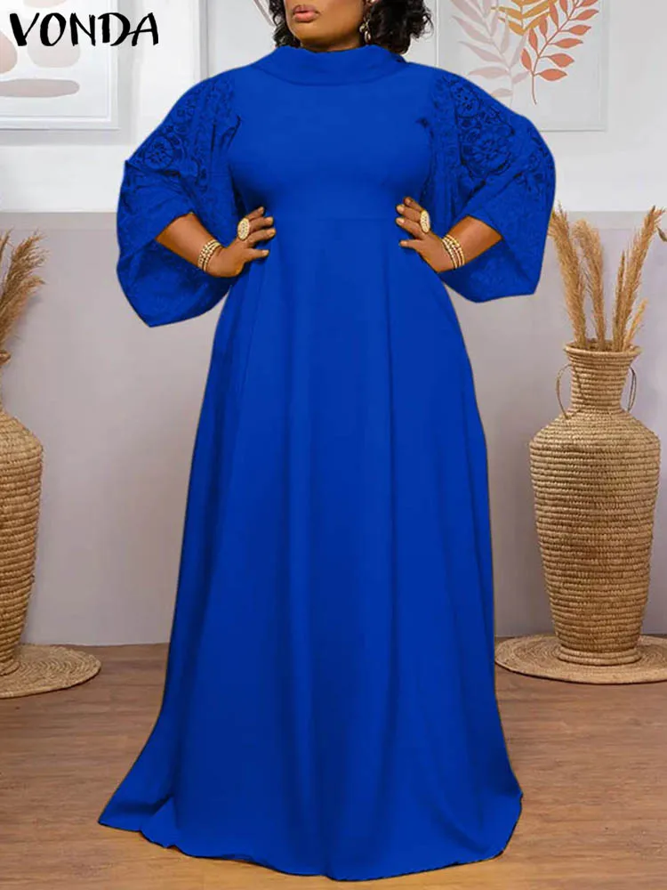 

2023 VONDA богемный женский кружевной сарафан, Элегантные повседневные макси платья с длинным рукавом и воротником-стойкой, свободное праздничное женское платье большого размера