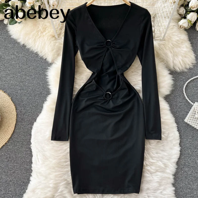 

Соблазнительное черное платье с вырезами, женские облегающие платья с длинным рукавом и V-образным вырезом для клувечерние, Весенняя трендо...