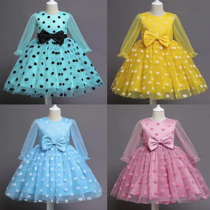 

Children Dresses for Wedding Polka Dotted Flower Tulle Princess Dress for Girl Bow Elegant Evening Party Gown Tutu Girl Vestidos