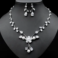 funmode japanese and korean simple female niche design sense bridal flower cubic zirconia necklace earrings two piece set fs421