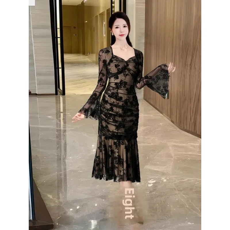 2024 осенняя новая черная облегающая юбка в светском стиле платье чайного времени