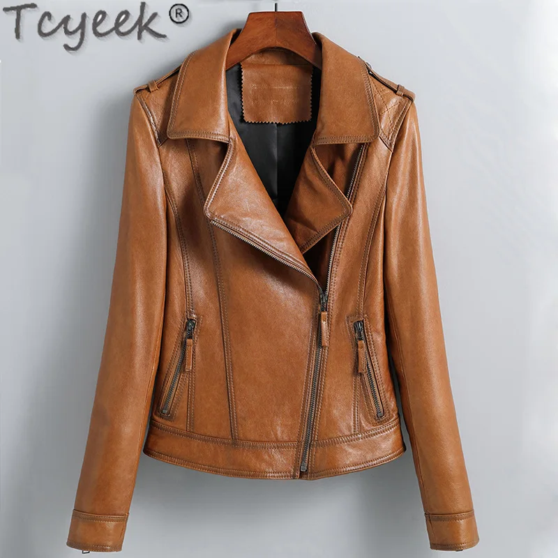 Tcyeek Tops Women Fashion High Quality Real Women's Sheepskin Coat Spring Short Motorcycle biker Female Jacket Mujer Chaqueta