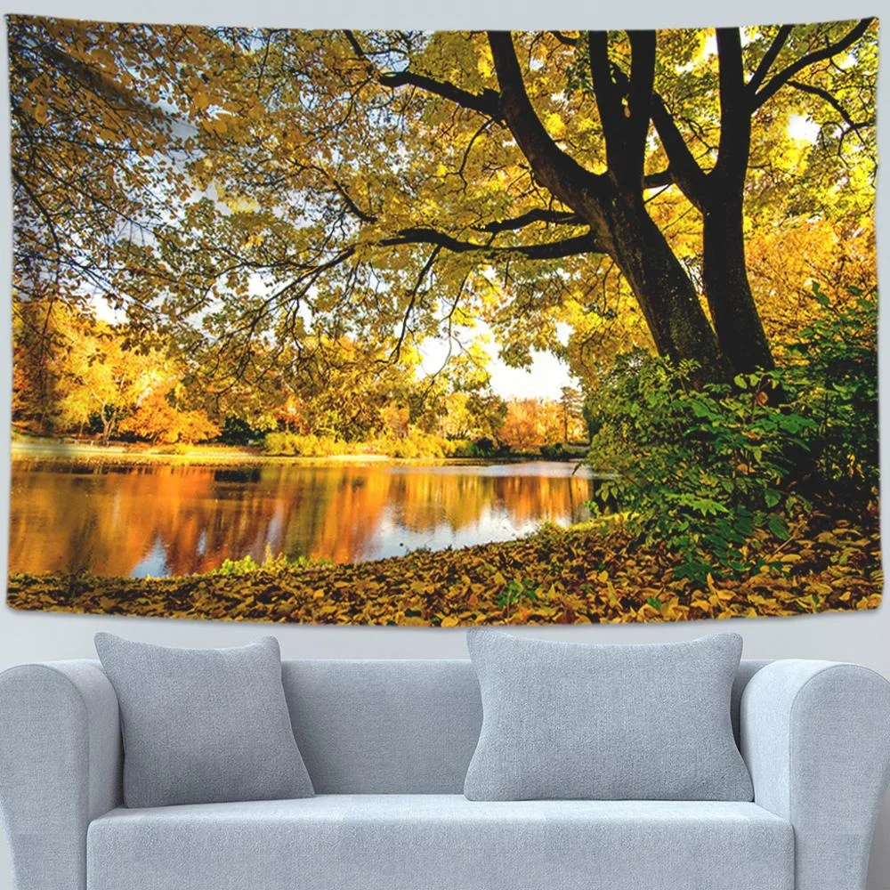

Autumn Yellow Forest Stream Landscape Tapestry Maple Trees Leaves Wall Hanging Hippie Tapiz Wall Decor Tapestries Wall Carpets