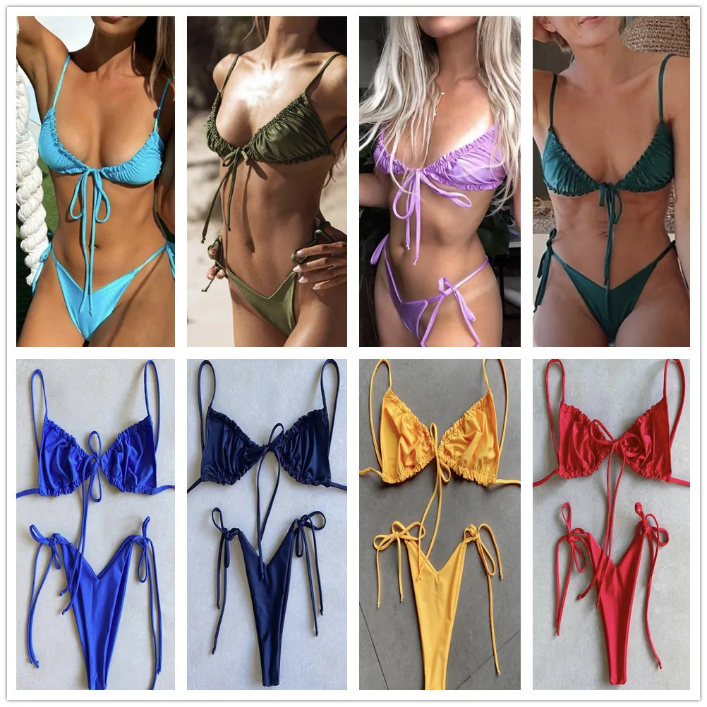 

Solid Color V Low Waist Lace Up Sexy Bikini Women Swimsuit String Swimming Bathing Suit 2 Piece Set Swimwear Beach Pool 2022