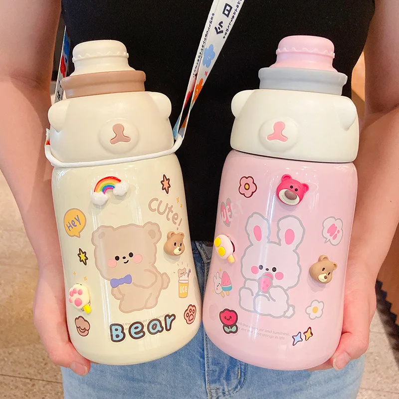 

Kawaii Jumbo термос из нержавеющей стали, бутылка для воды с соломинкой, наклейка, милая детская школьная термобутылка для девочек, вакуумная фля...