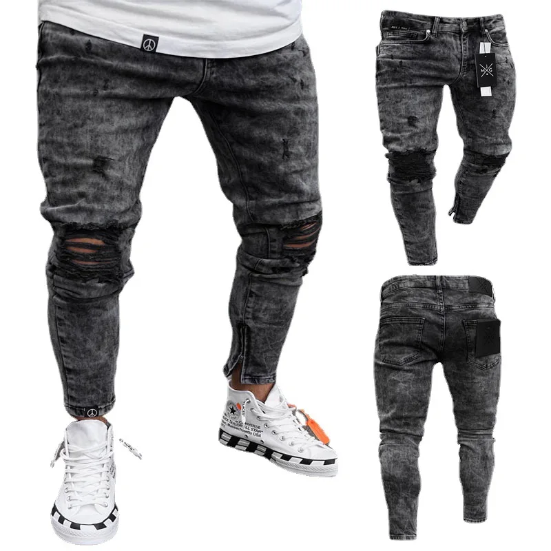 Festival Is Not Closing  Europe and America Cross Border Slim Fit Ripped Fashion Black Leg Opening Zipper Skinny Jeans Men's Tro