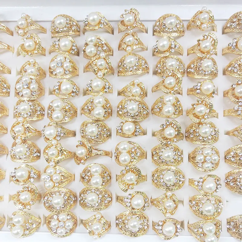 

12Pcs Pearl Zircon Flower Gold Rings For Woman New Luxury Party Jewelry Luxury Party Accessories Unusual Girl's Ring