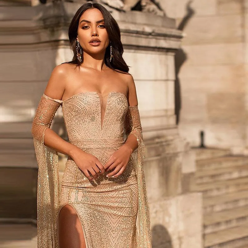 New Style Fashion Sexy Sequined Shoulder Sleeve Dress Tube Top Dress Split Long Skirt Party Dress For Women Ball Dresses