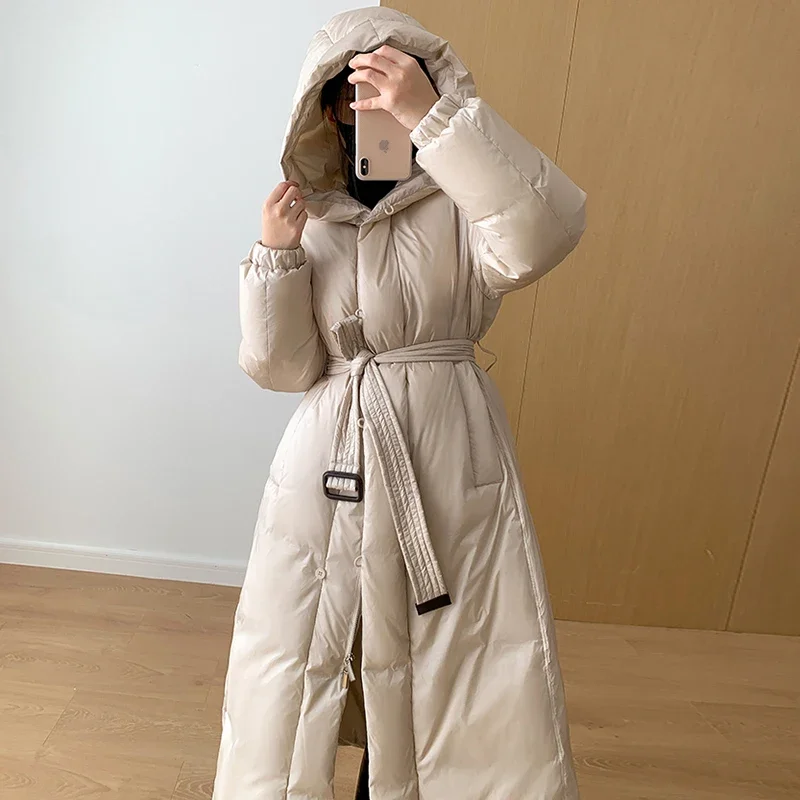 

2023 Winter Long Puffer Coat Women Hooded Single-Breasted Belted Parkas Female Thick Warm 90% White Duck Down Jacket Down Coats