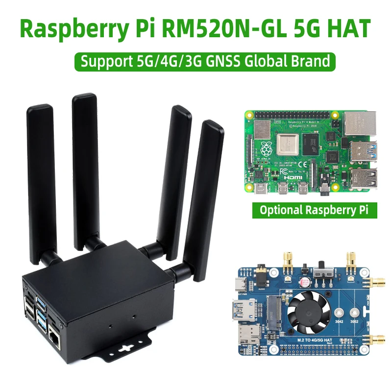 

RM520N-GL 5G HAT для Raspberry Pi со стандартными четырёхдиапазонными антеннами