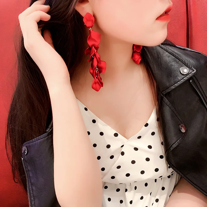 

7 Colors Acrylic Petal Rose Yellow Earrings for Women 925 Silver Needle Metal Temperament Long Wedding Party Jewelry Accessories