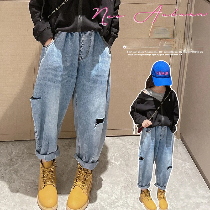 

Girls denim autumn 2022 new boys and girls casual jeans loose fashion holes