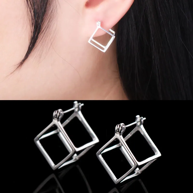 

Simple creative geometric hollow cube S925 sterling silver earrings personality cool earrings girlfriend gift