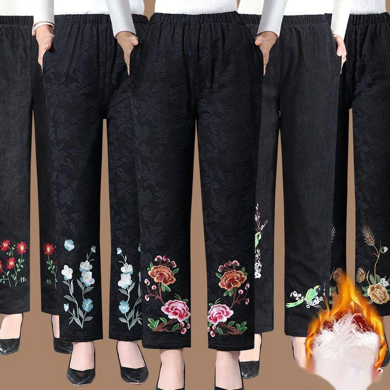 Зимние женские брюки винтажные с цветочной вышивкой теплые толстые бархатные