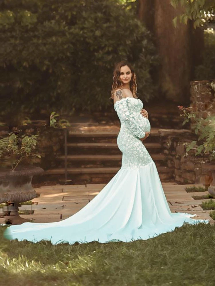 Mermaid Lace Maternity Dresses for Photo Shoot Chiffon Pregnancy Photoshoot Dress Long Sleeves Pregnant Dress for Photography