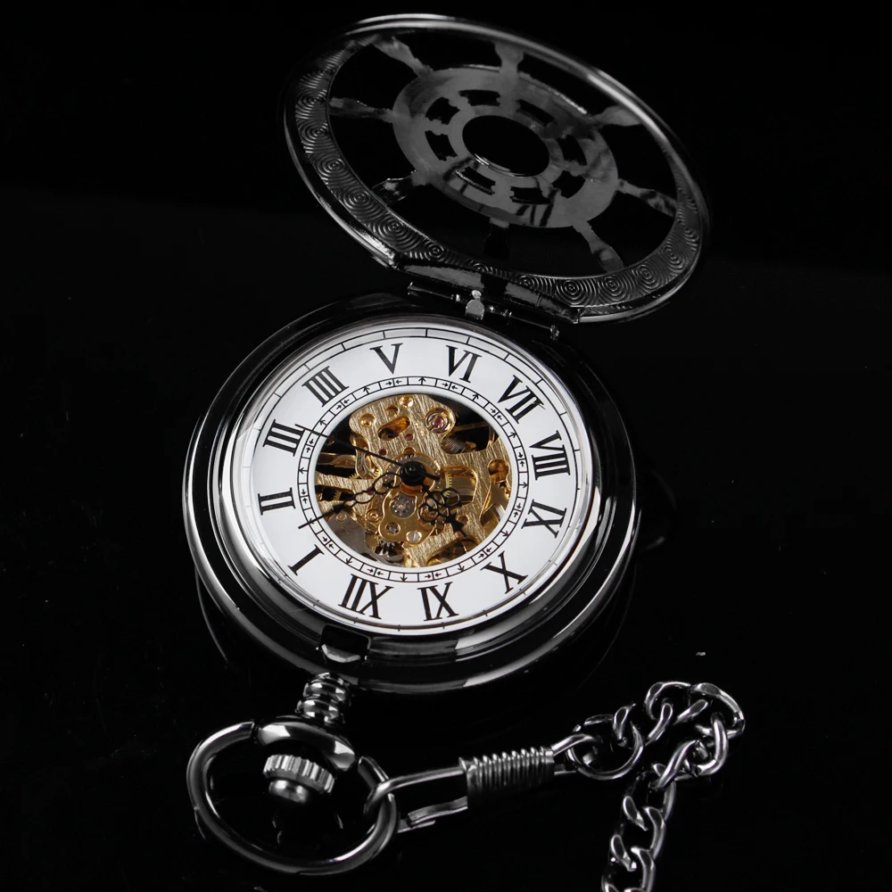 Vintage Black Rudder Hollowed-Out Mechanical Manual Pocket Watch Gold Roman Digital Skull Dial Pendant Automatic Antique Clock