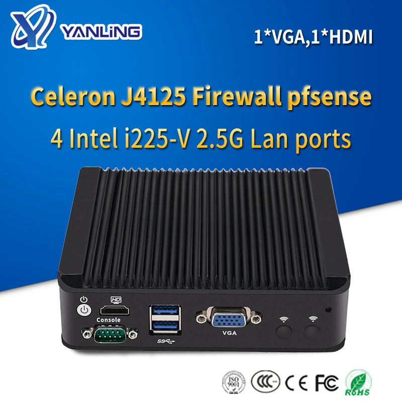 Yanling 4-портовый микро брандмауэр прибор J4125 четырехъядерный мини пк Max DDR4 8 гб COM DP HD