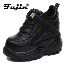 Fujin 12cm Genuine Leather Motorcycle Ankle Boots Autumn Booties Platform Wedge Sneakers Hidden Heel Super High Lady Women Shoes