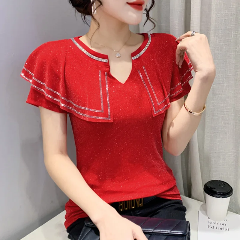 

Новинка лета 2022, женская футболка, модные темпераментные сетчатые Топы с коротким рукавом и воротником-стойкой, с оборками