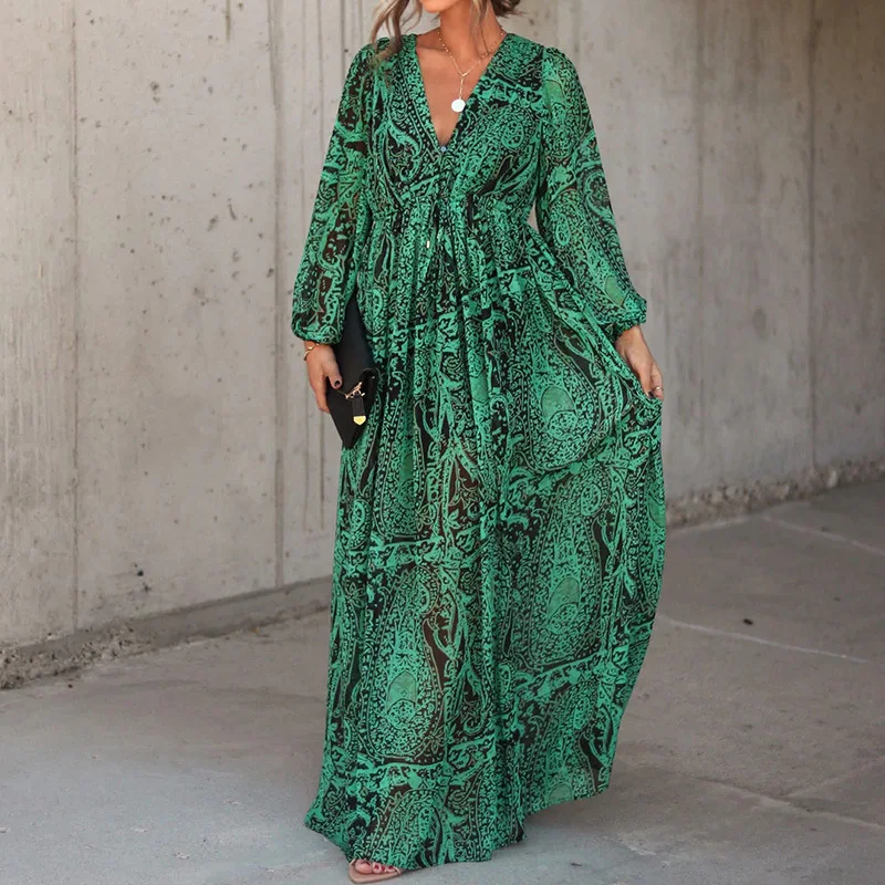 

Женское платье макси до пола с длинным рукавом-фонариком и V-образным вырезом