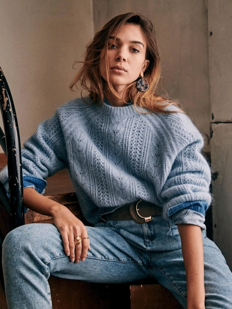 

Осенне-зимний модный вязаный крючком Однотонный свитер с воротником-стойкой Топы для женщин