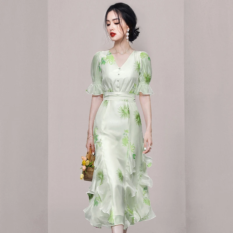 

Женское винтажное платье с оборками, элегантное праздничное платье с V-образным вырезом и цветочным принтом, лето 2022