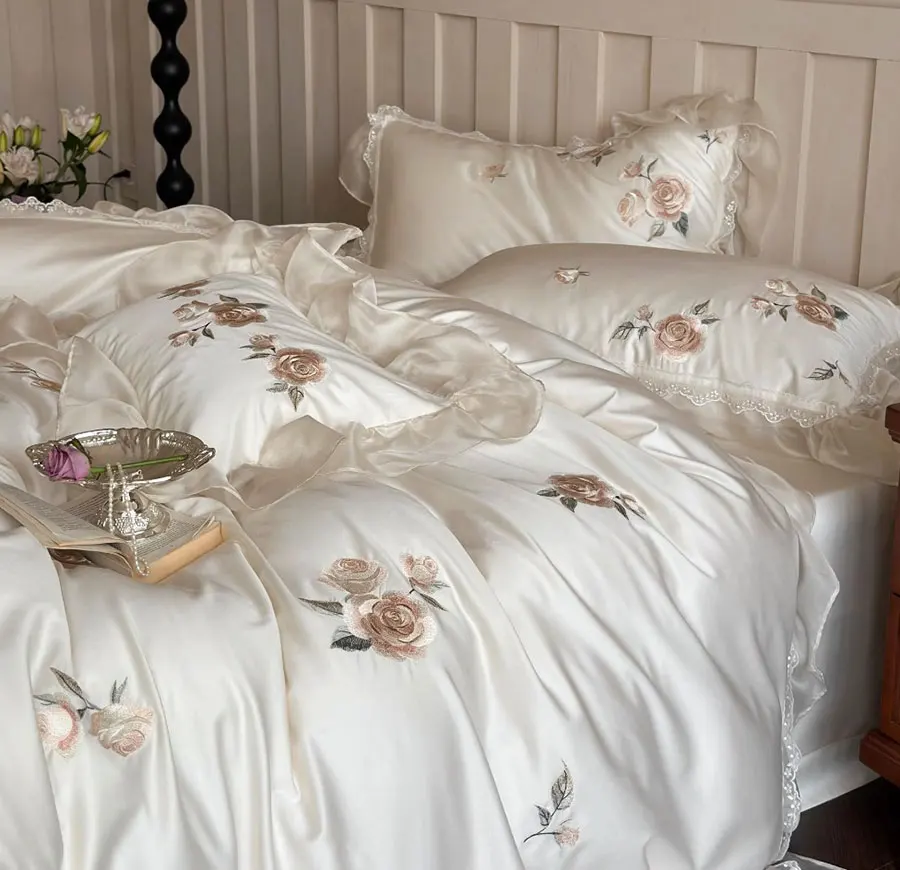 Комплект постельного белья Fairyfair с вышивкой в виде цветка розового кремового