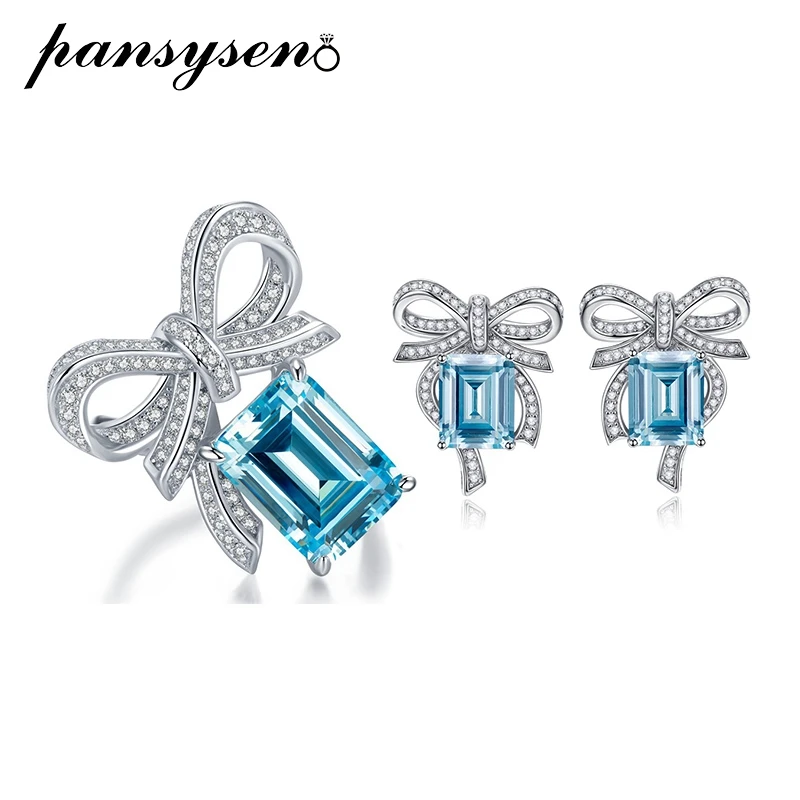 

PANSYSEN New Luxury 925 Sterling Silver Emerald Cut Aquamarine High Carbon Diamond Gemstone Earrings Ring Jewelry Sets for Women