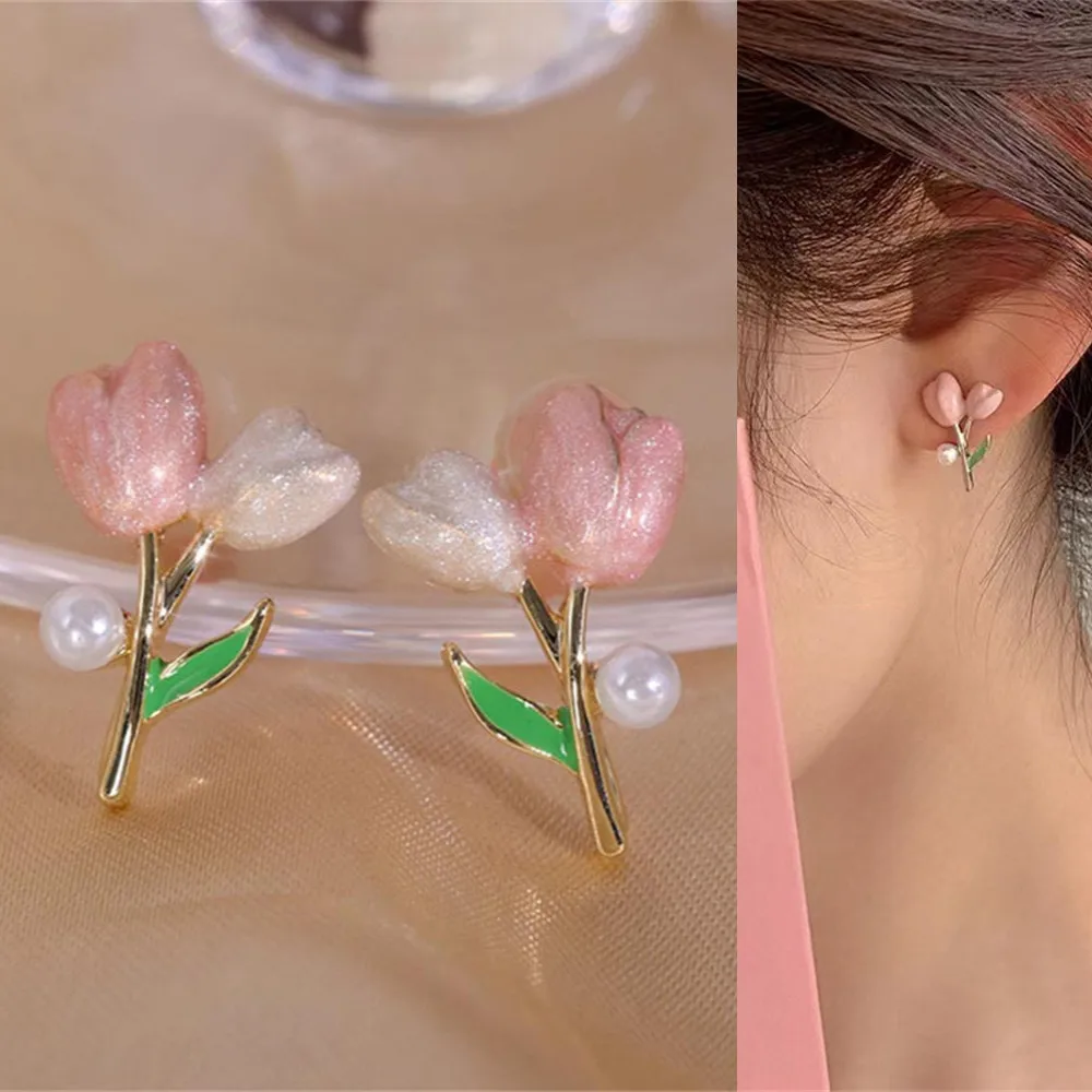 

Sweet Pink Color Tulip Flower Stud Earrings for Women Korean Fashion Butterfly Heart Peach Fruit Crystal Earring Jewelry Brincos