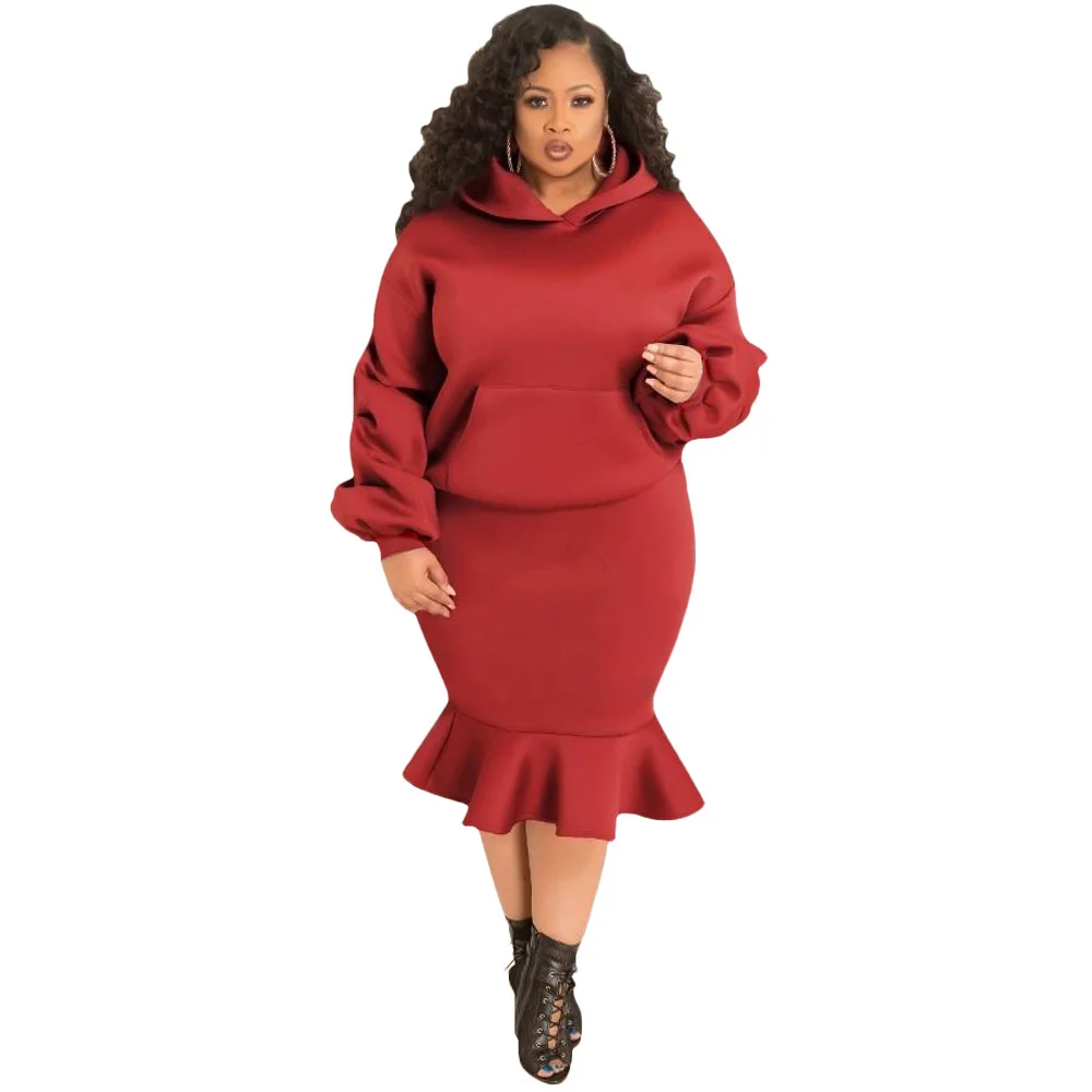 

Two Piece Set Plus Size Women Clothing Sweatsuit Long Sleeve Hoodies Top High Waist Skirt Sets Fall Winter Casual Sport Clothes