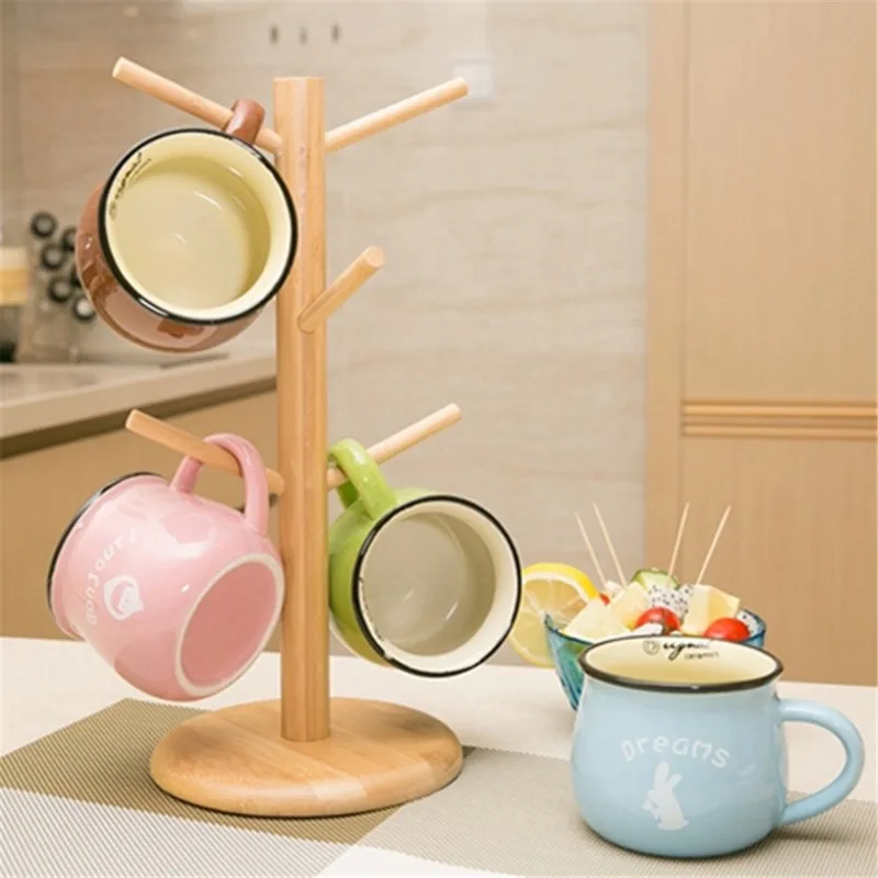 Tree Shape Wood Coffee Tea Cup Rack Storage Holder Stand Home Kitchen Mug Hanging Display Drinkware Shelf With 6 Hooks