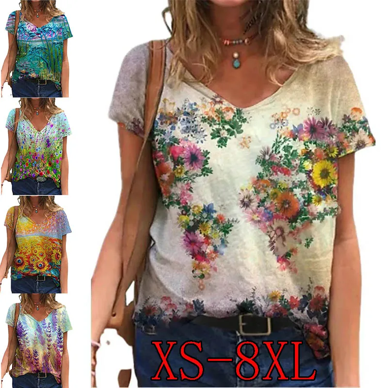 

2022 Women's Casual Weekend Floral Abstract Painting T Shirt Tee Floral Short Sleeve Print V Neck T-shirts
