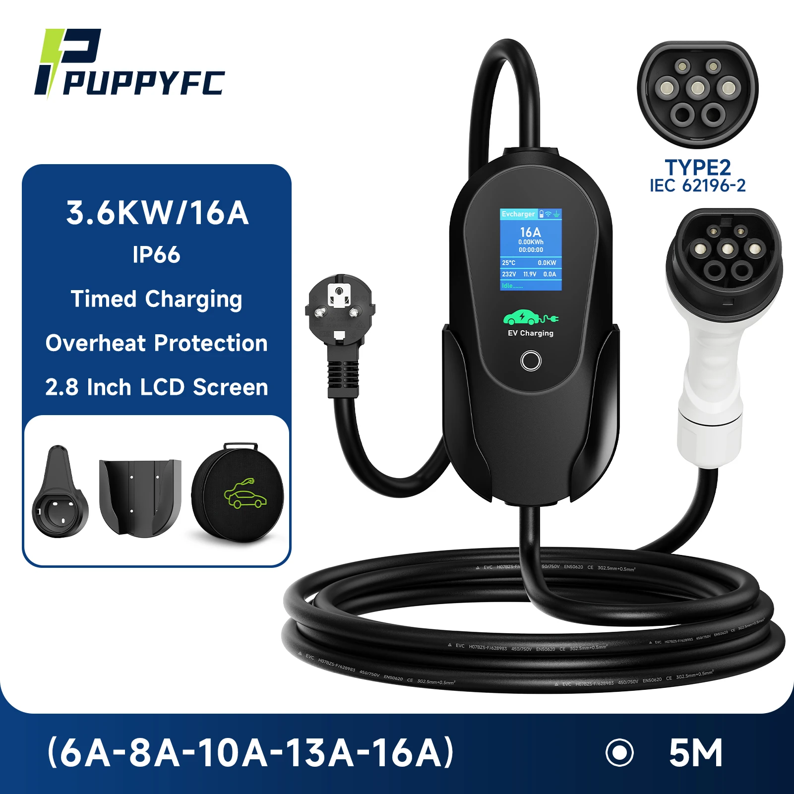 

Puppyfc 3,6 кВт/7 кВт/11 кВт портативное зарядное устройство для электромобилей Type2 штекер CEE Wallbox кабель с управлением через приложение Wi-Fi для электромобиля