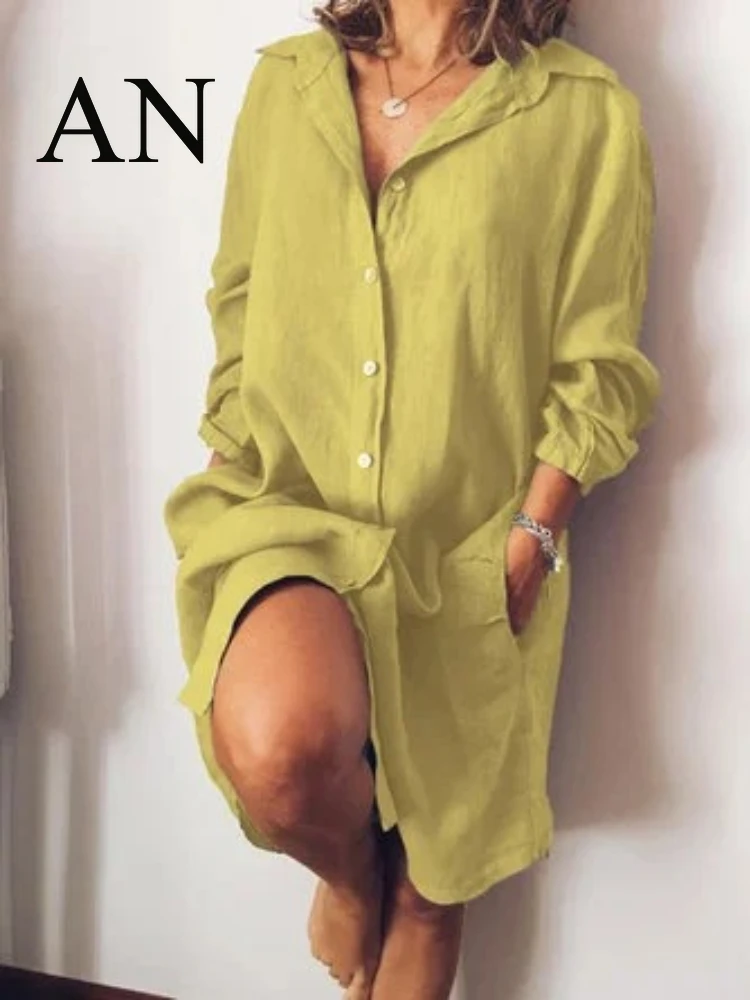 Женское длинное платье-рубашка с двойным карманом свободное однотонное