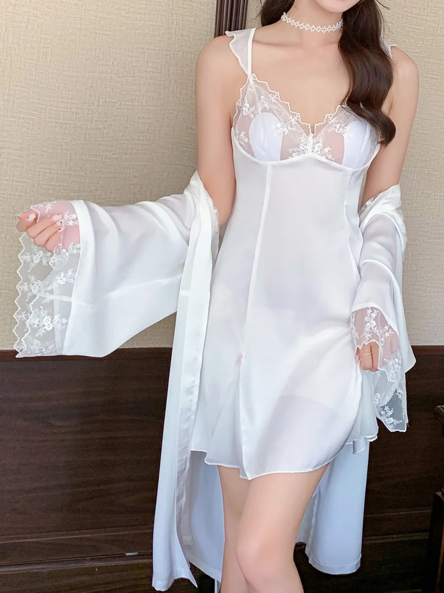 Sexy deep V temptation backless lace suspenders outer nightdress women's summer ice silk thin silk pajamas with chest pads