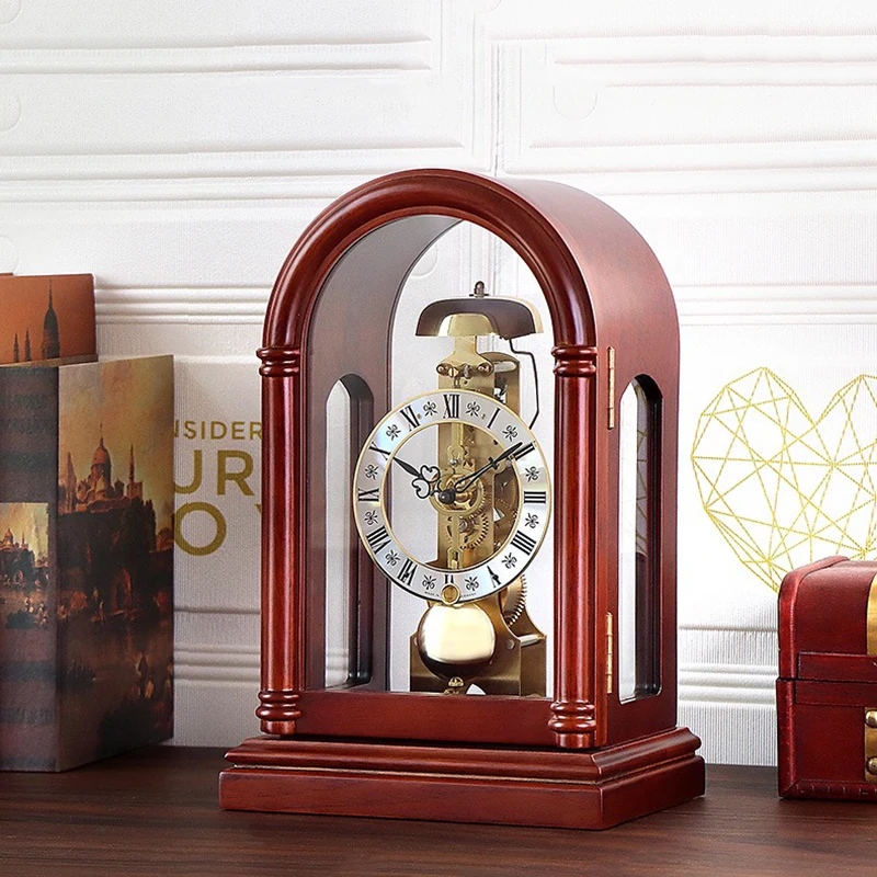 German Movement Mechanical Clock Maple Leaf Solid Wood Retro Desk Clock Living Room Clock Desk Clock