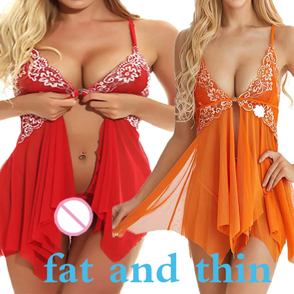 

Plus Size Nightdress Sexy Lingerie Women Pajamas Temptation Lace Sleepwear Transparent Tulle Through Bathrobe Nightgown Robe