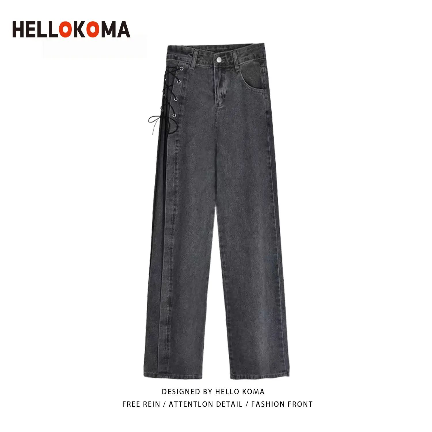 

Personality Street Jeans Women Denim Fashion Design Sense Straight Mopping Pants Niche Lace-up Wide-Leg Pants Baggy Jeans Women