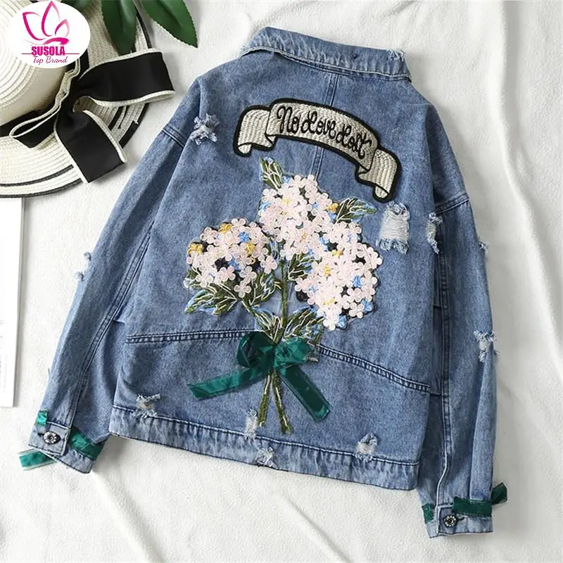 

Autumn Women Denim Jacket Bomber Appliques Vintage Elegant Outwear Autumn Hole Female Jacket Coat Casual Jeans Tops