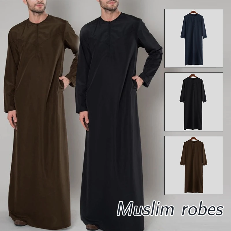 Men Muslim Robes Islamic Long Sleeve Clothes Arabic Kaftan Zipper Loose Shirt Abaya Saudi Arabia Dubai Robes Halloween Costume