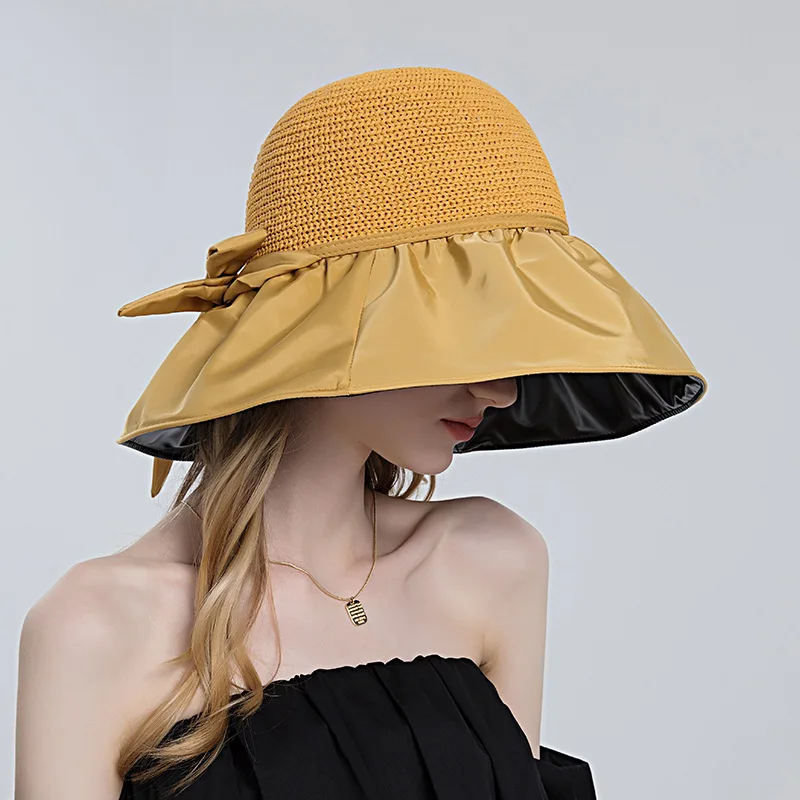 

Шляпа женская Соломенная с бантом и козырьком, летняя уличная Солнцезащитная шапка с большими полями, с прорезями, с защитой от УФ лучей