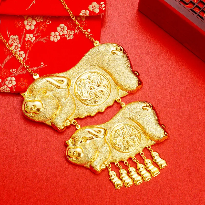 

Classical 24k Yellow Gold Vintage Bride Necklaces for Women Bride Chinese Style Gold Pendant Necklace Set Wedding Gold Jewelry