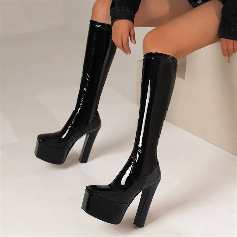 Women Boots Winter 2022 New Luxury Platform Striptease Super High Heel Women Shoes Sexy Party Paint Finish Ladie Knee Boots