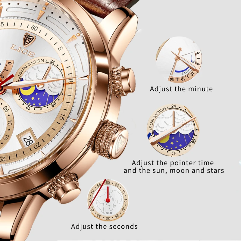 Часы наручные LIGE Мужские кварцевые брендовые Роскошные деловые модные