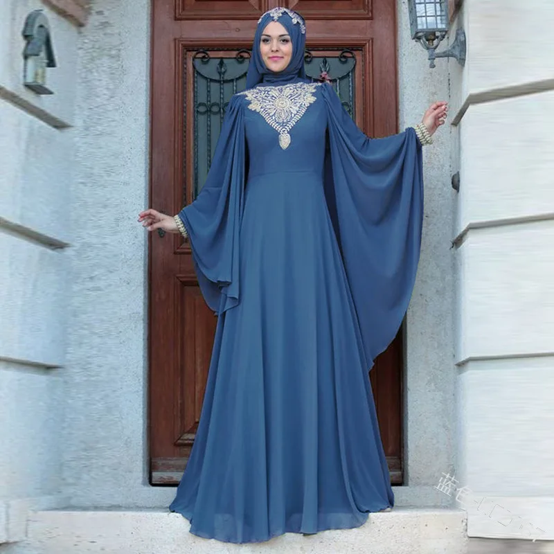 Women's Printed High Waist Large Swing Flying Sleeve Long Dress Middle East Dubai Abaya Turkey Abayas for Women Moroccan Kaftan