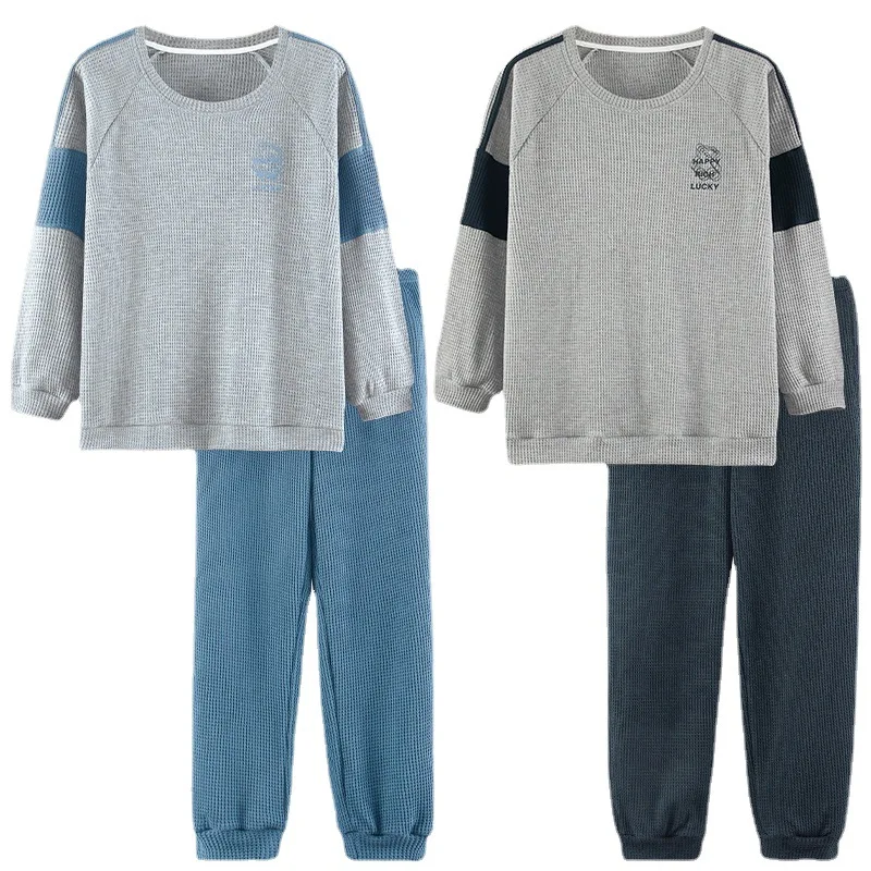 

Пижама женская и мужская хлопковая в Корейском стиле, пуловер с длинным рукавом, топ, штаны, ночная рубашка, модный домашний костюм, 2 шт.