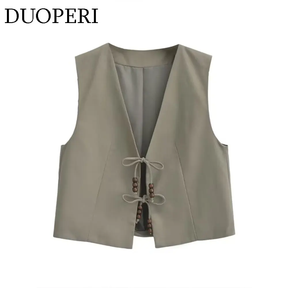 Модный винтажный женский жилет DUOPERI на шнуровке с V-образным вырезом и бисером