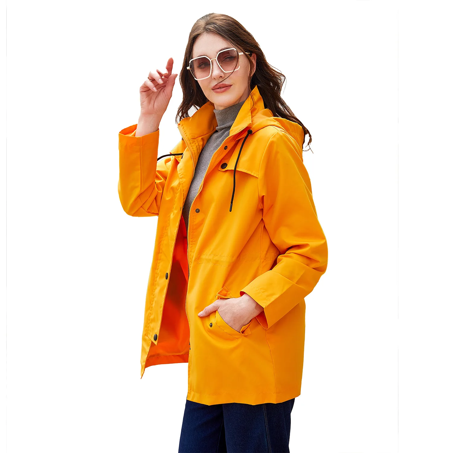 

New windbreaker Women's medium long cardigan hooded coat outdoor raincoat